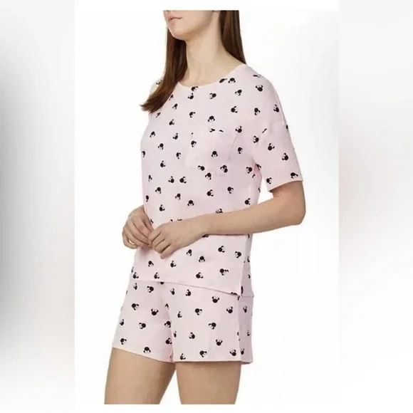 Disney Minnie Mouse Mickey Mouse Pajama Set Top Shorts Pink Black Large - Picture 2 of 15